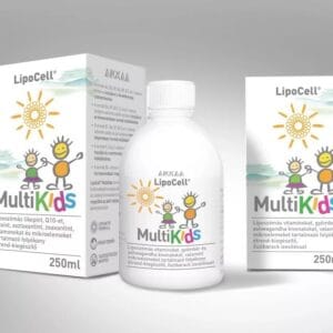 MultiKids Lipocell Hymato 250ml, imagine principală produs, flacon 250ml multivitamine copii Hymato pe fundal alb, unghi frontal.
