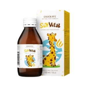 SunVital DuoLife, imagine principală produs, flacon si cutie SunVital DuoLife pe fundal luminos alb-galben, unghi frontal.
