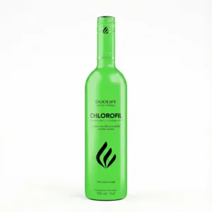 Clorofilă Naturală Lichid DuoLife, imagine principală produs, flacon lichid verde de clorofilă DuoLife pe fundal alb, unghi frontal.