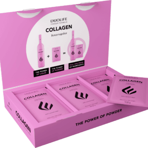 Collagen Powder DuoLife, imagine principală produs, pungă/recipient pulbere colagen DuoLife pe fundal alb, unghi frontal.