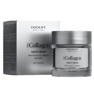 Collagen Night Cream DuoLife, imagine principală produs, borcan cremă de noapte cu colagen pe fundal alb curat, unghi frontal.