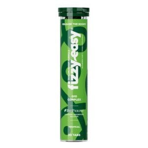 Fizzy Easy Q10 Complex DuoLife, imagine principală produs, tub tablete efervescente CoQ10 DuoLife pe fundal alb curat, unghi frontal.