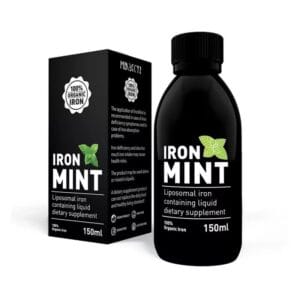 IronMint Lipozomal Hymato, imagine principală produs, flacon fier lipozomal IronMint Hymato pe fundal alb, unghi frontal.