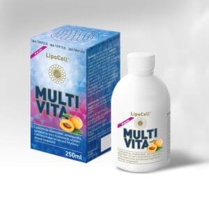 MultiVita Lipocell Hymato, imagine principală produs, flacon multivitamine lipozomale adulți Hymato pe fundal alb, unghi frontal.