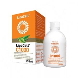 Vitamina C Lipozomală Lipocell C1000 Hymato, imagine principală produs, flacon vitamina C 1000mg lipozomală pe fundal alb, unghi frontal.