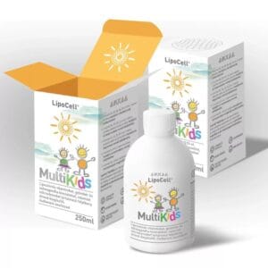 MultiKids Lipocell Hymato, imagine principală produs, flacon multivitamine lipozomale pentru copii Hymato pe fundal alb, unghi frontal.