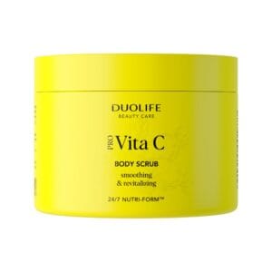 Vita-C Body Scrub DuoLife, imagine principală produs, recipient scrub corporal cu vitamina C DuoLife pe fundal alb, unghi frontal.