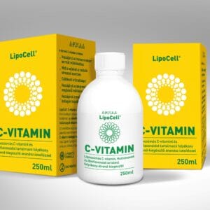 Vitamina C Lipozomală Lipocell Hymato, imagine principală produs, flacon vitamina C lipozomală Hymato pe fundal alb, unghi frontal.
