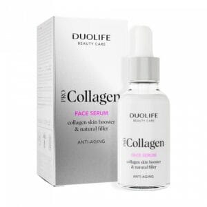 Pro Collagen Face Serum DuoLife, imagine principală produs, flacon ser facial cu pro-colagen DuoLife pe fundal alb, unghi frontal.