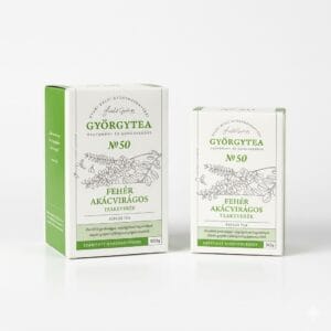 Amestec Ceai Salcâm Györgytea Nr.50, imagine principală produs, pungă ceai medicinal cu flori de salcâm pe fundal alb.