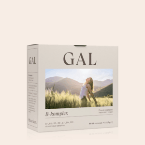 Complex de Vitamina B GAL – imagine principală produs, flacon supliment premium cu vitamine B active pe fundal alb. Complex de Vitamina B GAL – capsule portocalii cu forme active de B6, B9 metilfolat și B12, detaliu ambalaj GAL