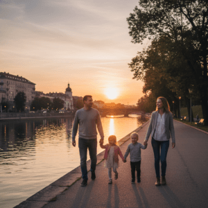 Shoden Ashwagandha GAL, capsule pentru echilibrul mental si fizic.Tata, mama și cei doi copii mici ai lor (o fetiță și un băiețel) – se plimbă ținându se de mână pe o alee pietonală.