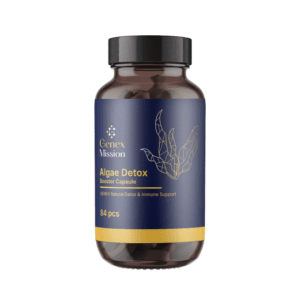 Alga Detox Booster, detaliu eticheta ingrediente, capsule cu extract de clorella si spirulina, unghi frontal. Alga Detox Booster – imagine principală produs, flacon de supliment detox cu alge marine pe fundal alb curat.
