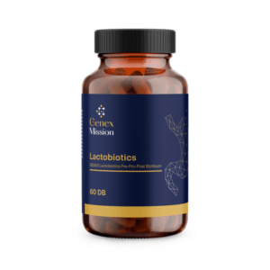 Lactobiotics Genex, imagine principala produs, flacon alb de probiotice premium pe fundal curat, unghi frontal.