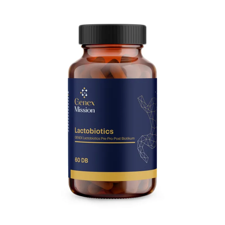 Lactobiotics Genex, imagine principala produs, flacon alb de probiotice premium pe fundal curat, unghi frontal.